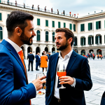 **

"A group of fully clothed business professionals at a networking event in Milan, Italy, appropriate attire, engaging in conversation over Aperol spritzes, modern architecture in the background, safe for work, perfect anatomy, natural proportions, professional photography, high quality, family-friendly."

**