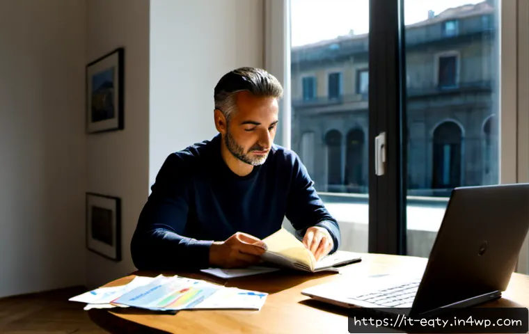 주식 시장에서의 이익 실현 전략 - Photorealistic Italian investor in a bright modern Milan apartment, calmly reviewing a diversified s...