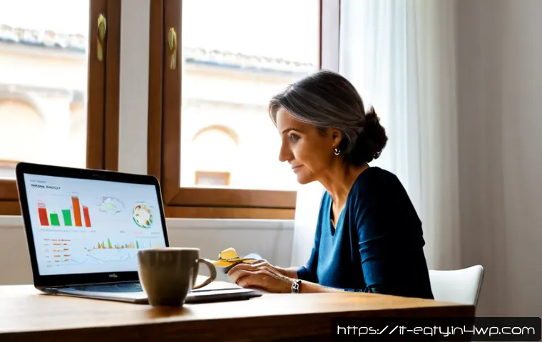 주식 투자에서의 유용한 온라인 툴 - Photorealistic home office scene for Italian stock investing, mature Italian woman reviewing a clean...